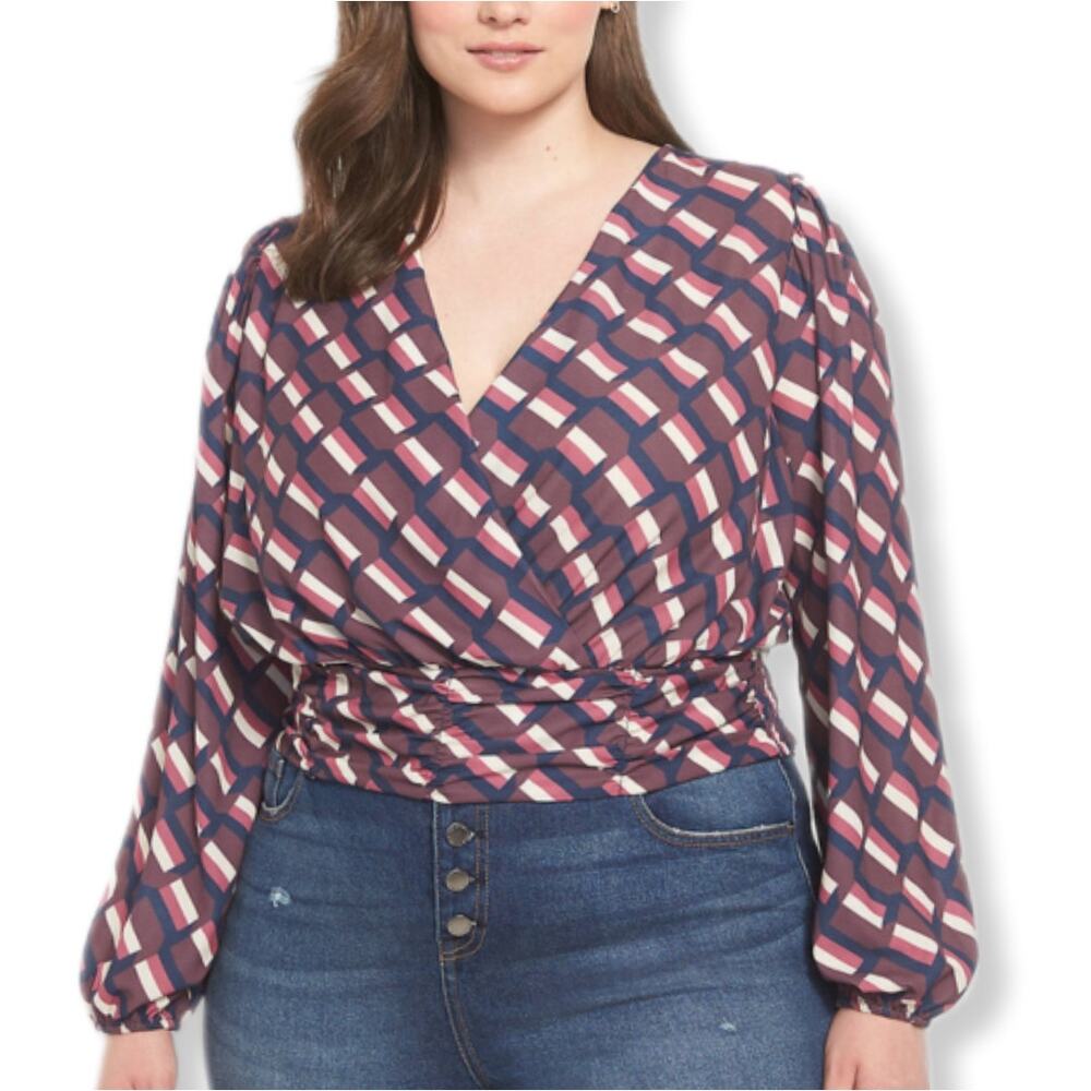 Lane Bryant Women Cross Front Wrap Blouse Top 24 3X Multicolor Geometric NEW